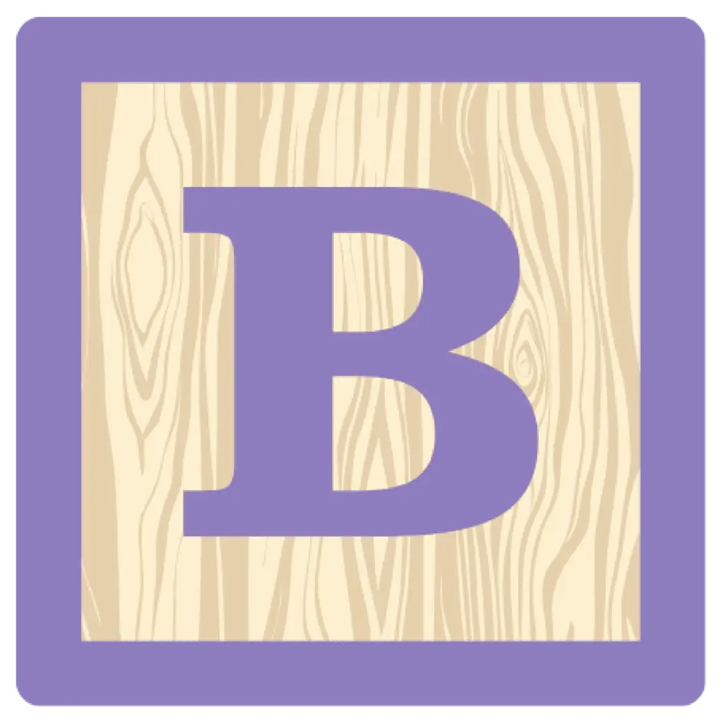 Decorative wooden alphabet block with the letter B, used as part of the ABCDs of safe sleep educational program branding.