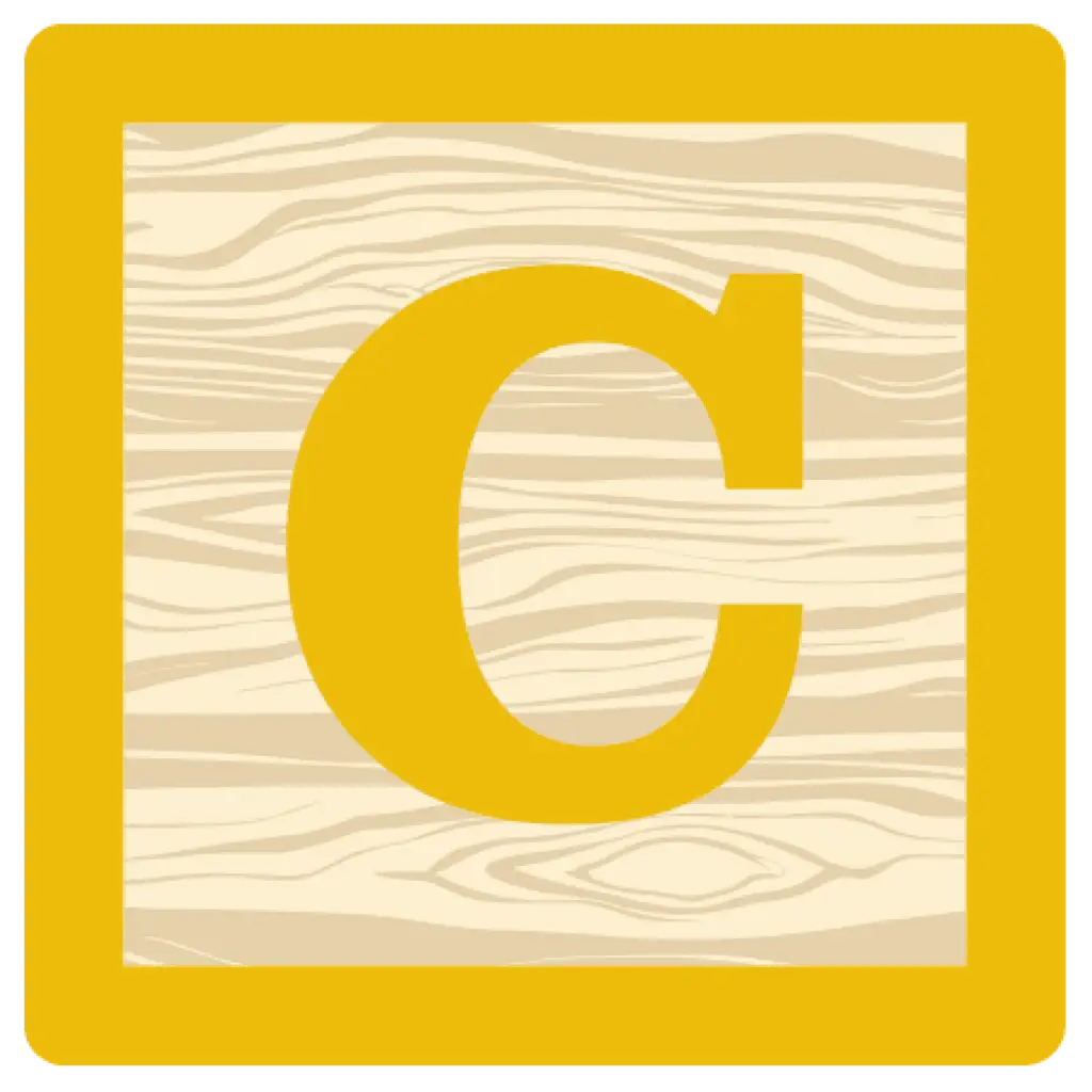 Decorative wooden alphabet block with the letter C, used as part of the ABCDs of safe sleep educational program branding.