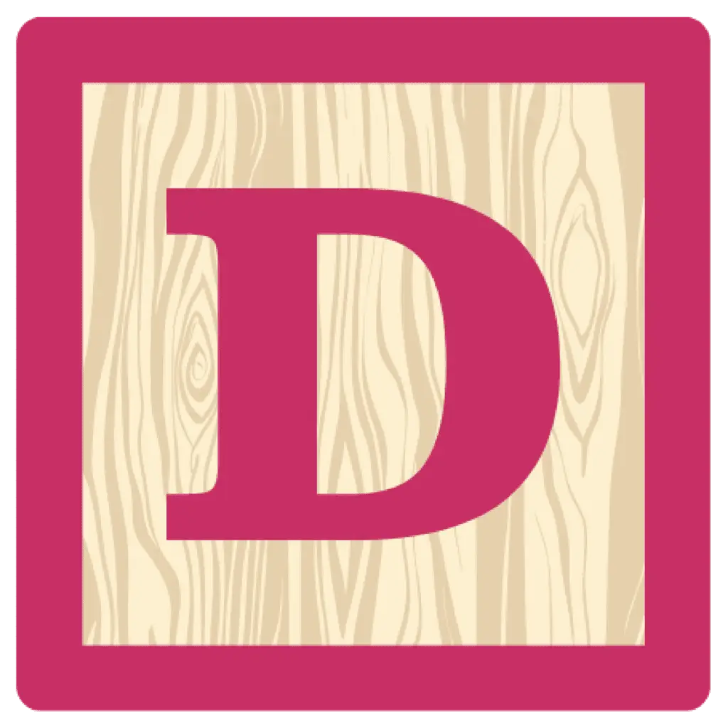 Decorative wooden alphabet block with the letter D, used as part of the ABCDs of safe sleep educational program branding.